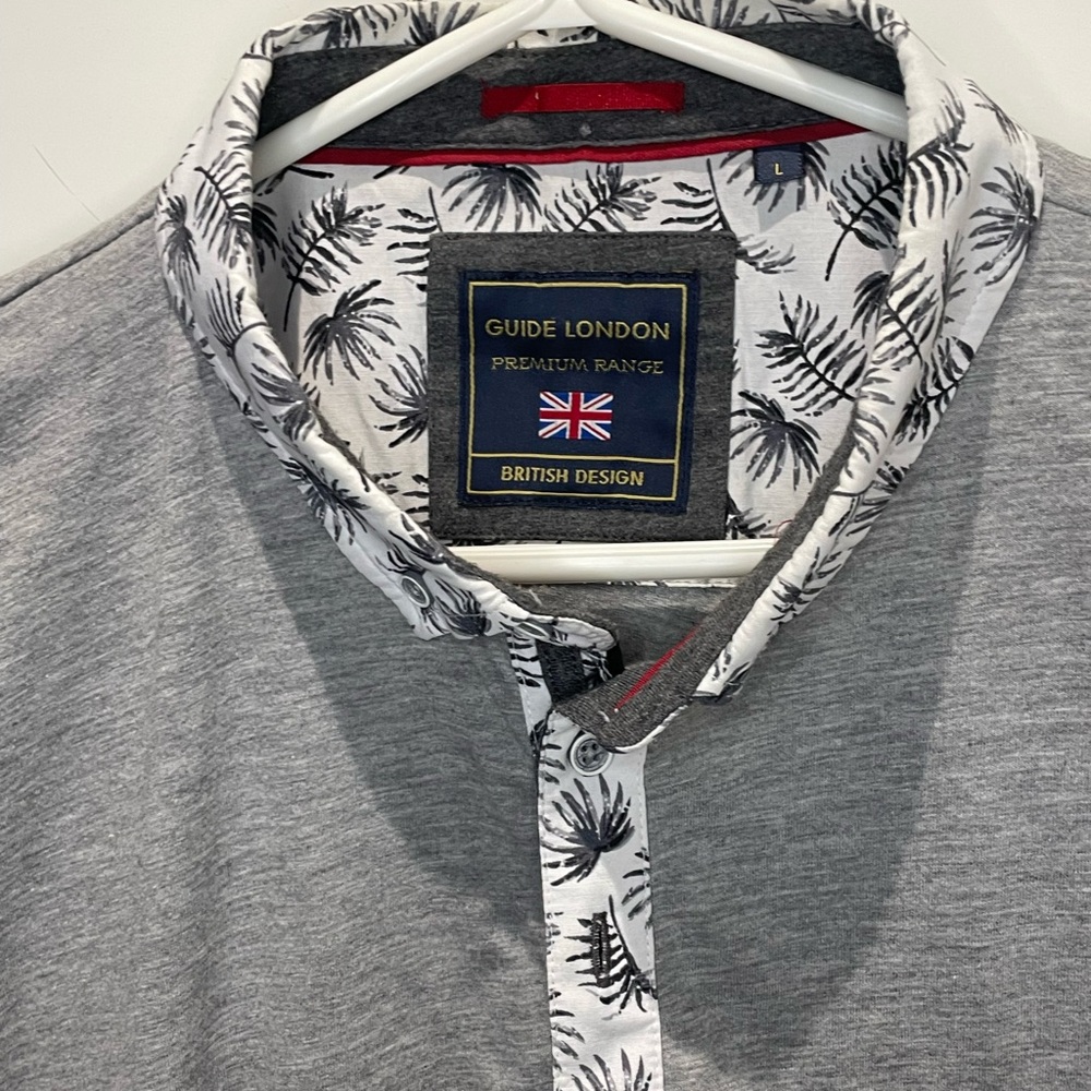 Gray Casual polo shirt style  with Tropical Print trim and solid light grey body
